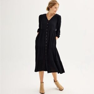 NWT Sonoma Women's Black Button Front Midi Dress with 3/4 Sleeves - Size MP